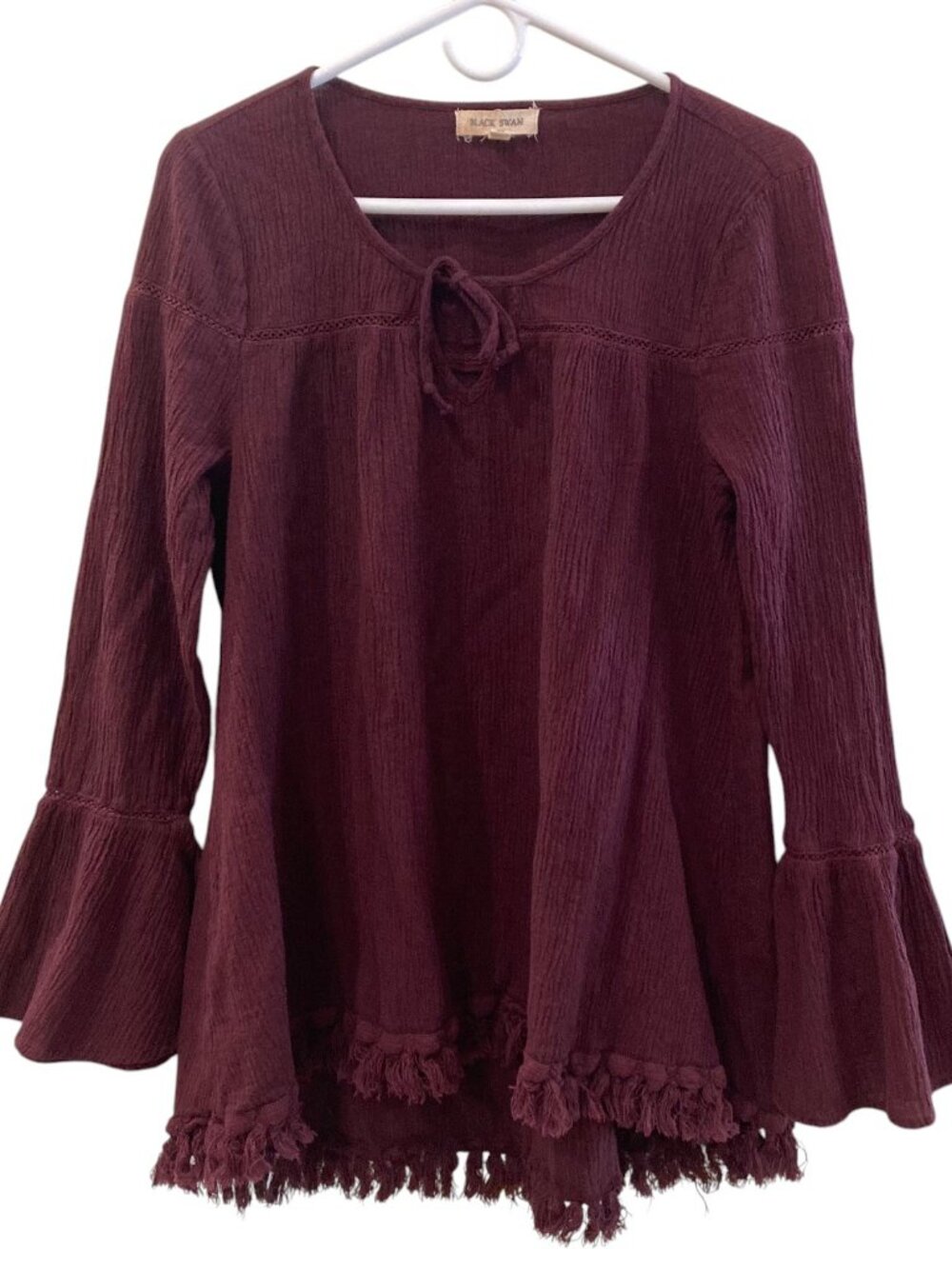Women's BLACK SWAN Flare Sleeve Tassel Fringe Festival Top MAROON Size Large